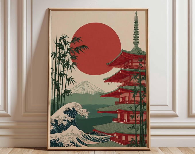 Japanese Style Ukiyo E Inspired Waves Temple Vintage Asian