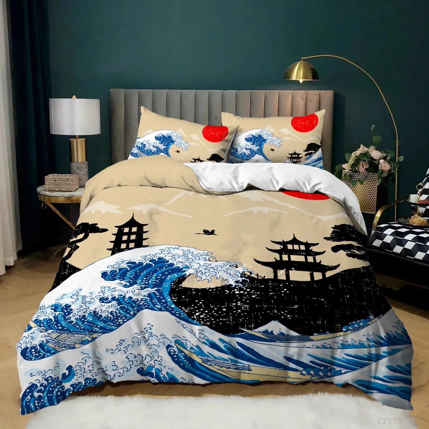 Japanese Style Ukiyoe Theme Soft Duvet Cover Mount Fuji Bedding Set