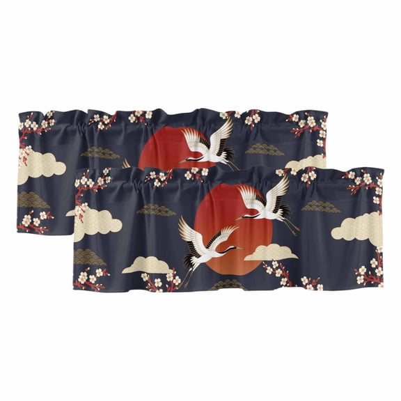 Japanese Style Valances for Windows, Decorative Rod Pocket Window Valance Curtains, Modern Cranes Cherry Flower Wave Red Blue Short Curtain Drapes for Kitchen/Living Room, 2 Panels, 42" W x 18" L