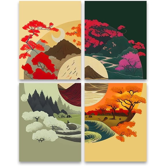 Japanese Style Wall Art,4 Seasons Canvas Poster Educational Prints,Seasons Changing Canvas Kreative Arts,Seasons Chart for Classroom Decoration,8x10inches Unframed,Set of 4.