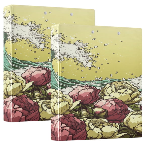 Japanese Style Wave 12.4x10.6in PVC Round Ring Binder, D-Ring 3-Hole, Metal Clip, 200 Sheets