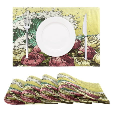 Japanese Style Wave Reversible Placemat Non Slip Coffee Mat 18x12 Inch for Dining, Kitchen, Coffee