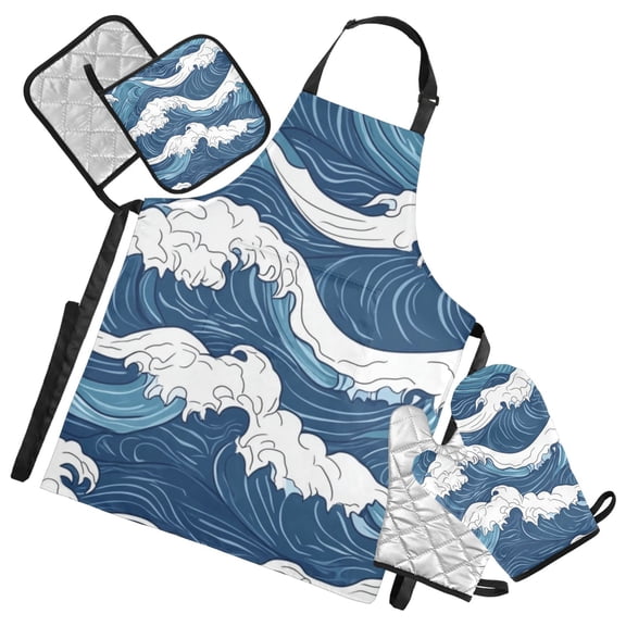 Japanese Style Waves 5 Pcs Kitchen Set Heat Resistant Oven Mitts and Non-Slip Pot Holders with Adjustable Cooking Apron