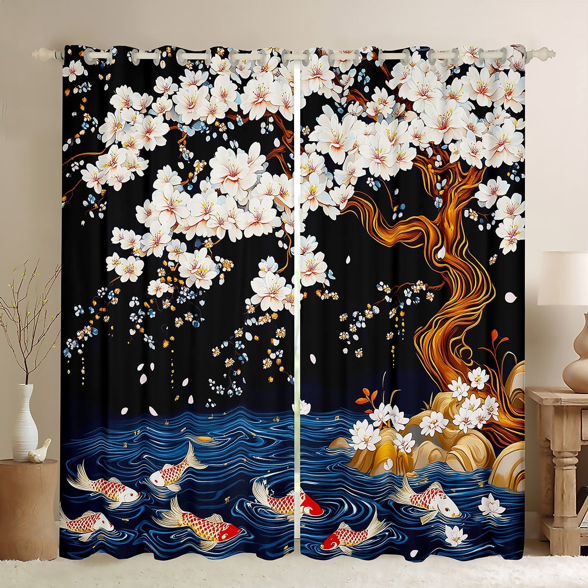 Japanese Style Window Curtain,Cherry Blossoms and Koi Fish Curtains ...