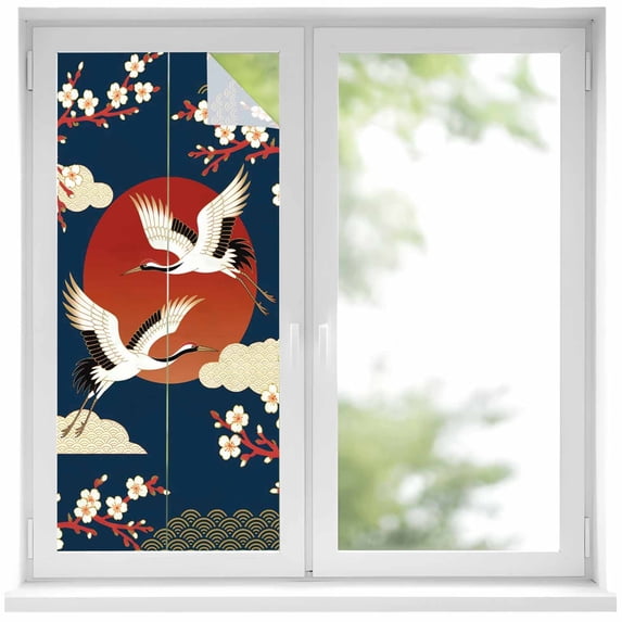 Japanese Style Window Privacy Film, Modern Cranes Cherry Flower Wave Navy Blue Static Cling UV Sun Blocking Heat Control Window Tint Day and Night, Non-Adhesive One Way Privacy Cover 19.6''x39.3''