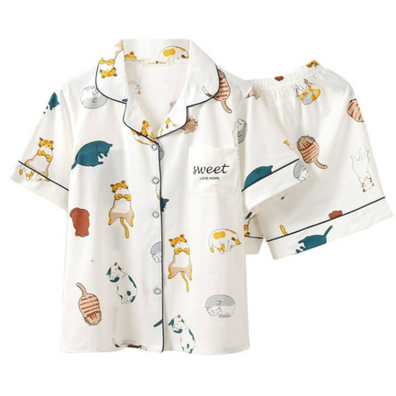 Japanese Style Women Summer Cotton Pajamas Set Kawaii Cartoon Meow for Cat Short Sleeve Sleepwear Lapel V-Neck Loungewea