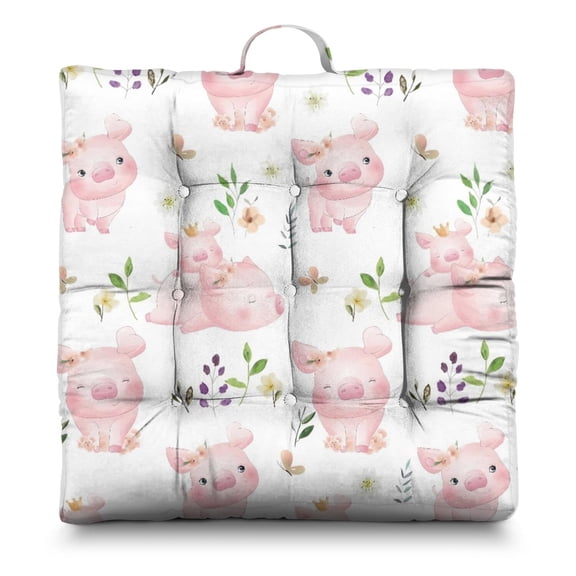 Japanese-Style Zabuton Floor Cushion - Oversized Square Meditation Pillow with Cute Cartoon Pig Illustration, Minimalist Pig Print, Soft & Skin-Friendly