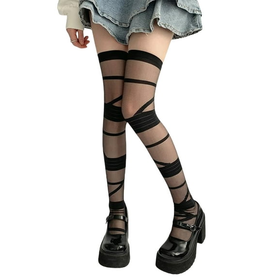Japanese Subcultures Punk Silk Over Knee Long Socks for Women Crosses Bandage Pattern Thin Thigh High Stockings Hosiery