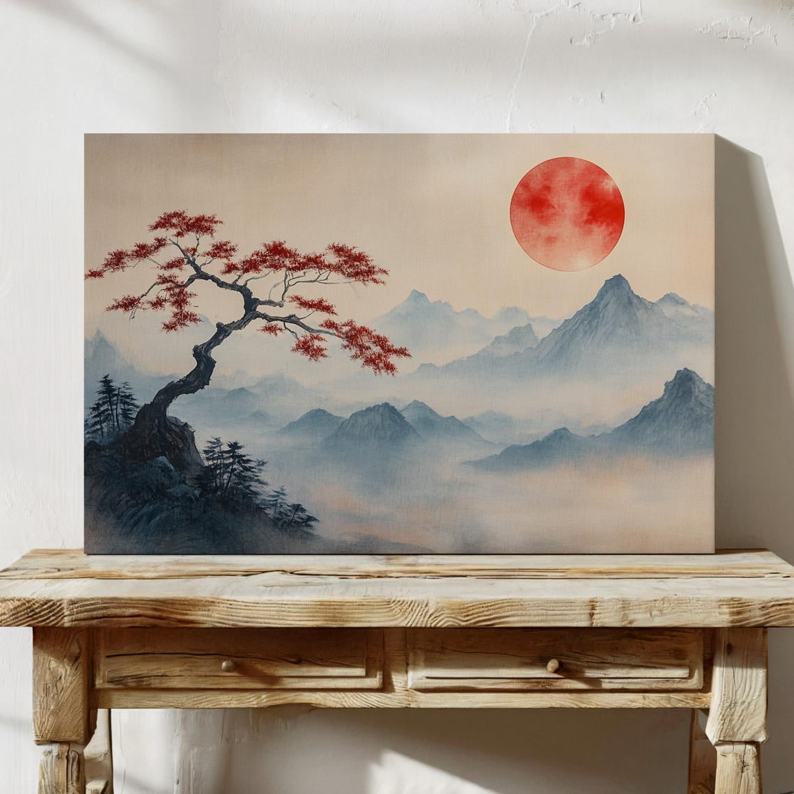 Japanese Sumi-E Landscape Print, Red Sun And Mountain Art, Zen Wall ...