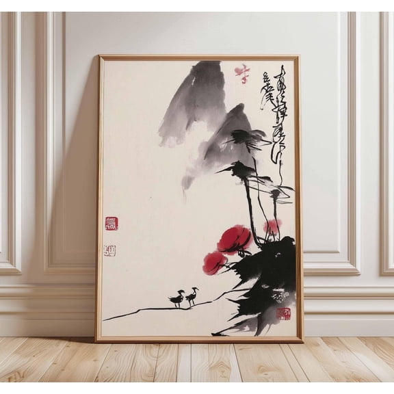 Japanese Sumi e Red Poppies And Birds Zen Decor Floral Wall Art Decor, Unframed Poster
