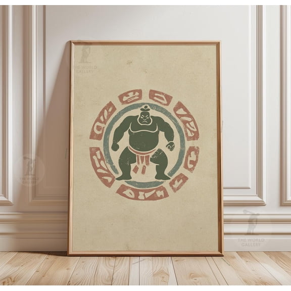 Japanese Sumo Wrestler Earth Tone Linocut Style Paper Wall Poster, Stretched Canvas