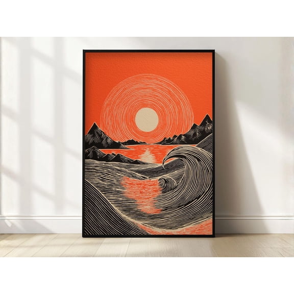 Japanese Sun And Wave Red Circle Print For Living Room Or Office Decor, Unframed Paper Print