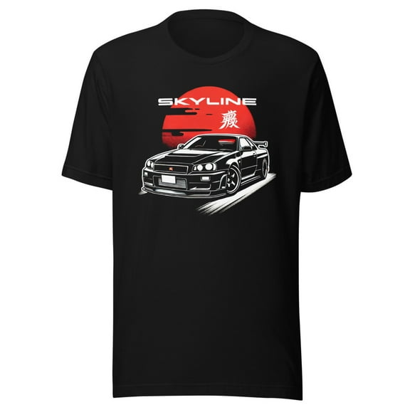 Japanese Sun Black R34 Skyline GTR t-shirt for 1990s JDM Tuner Car Culture Kanji GT-R Tee (L)