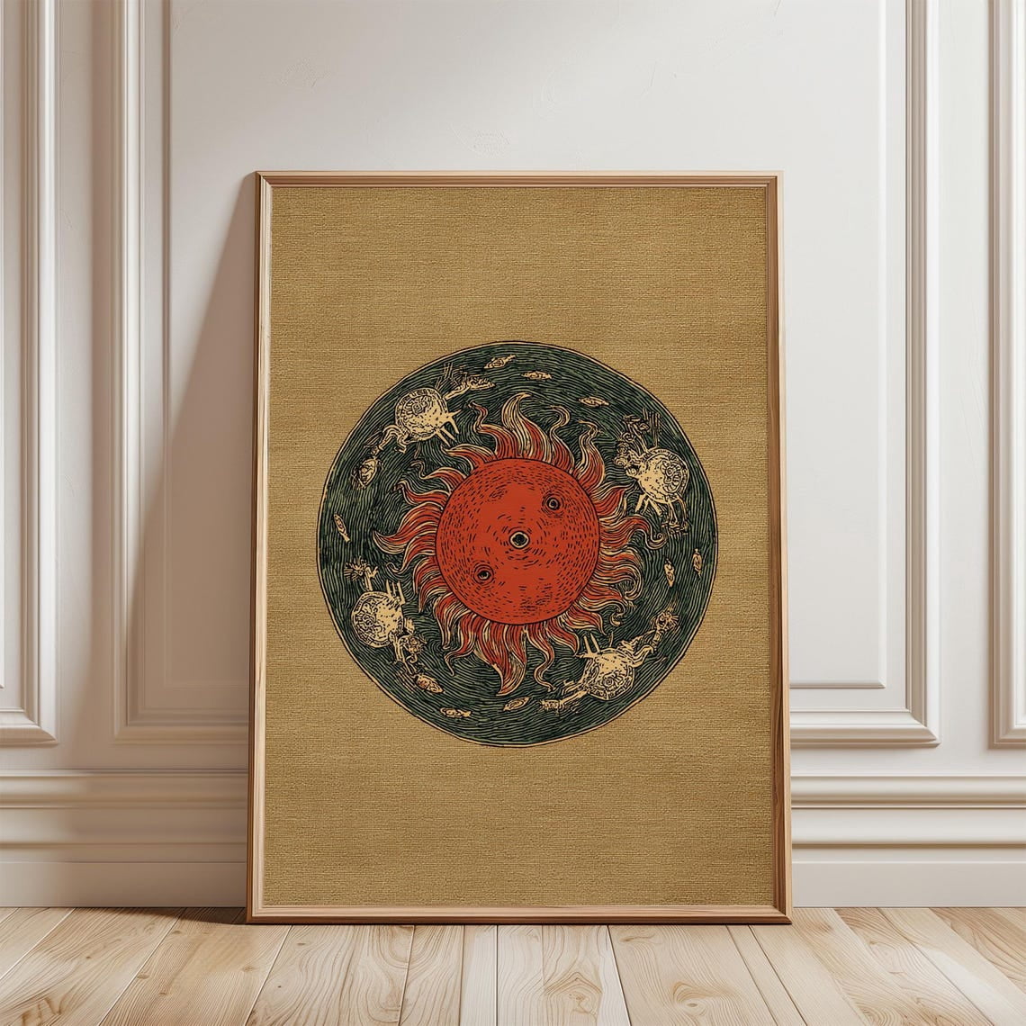 Japanese Sun Mythic Solar Disc Vintage Woodblock Style Unframed
