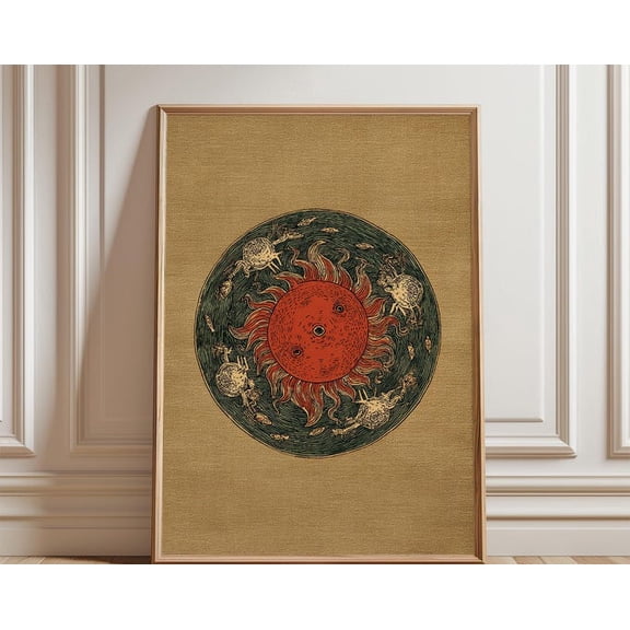 Japanese Sun Mythic Solar Disc Vintage Woodblock Style Wall Art Print, Unframed Paper Poster 8x10in