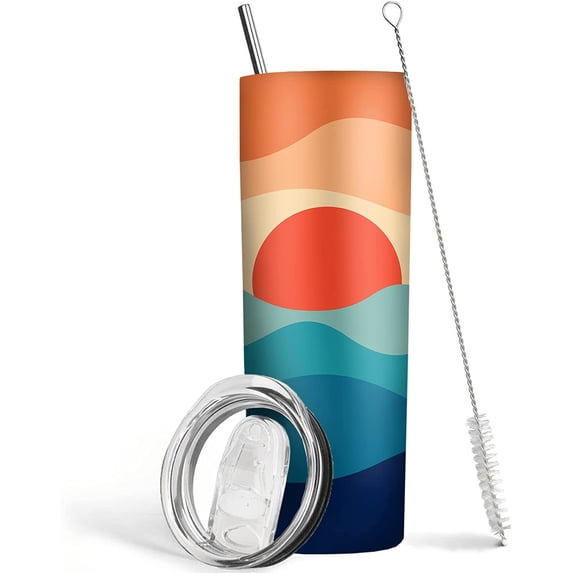 Japanese Sun Tumbler 20 oz Travel Coffee Mug Sun and Sea Skinny Tumblers with Lid and Straw Stainless Steel Insulated Coffee Cups Gift