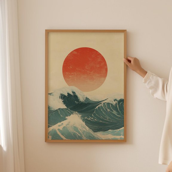 Japanese Sunset Art- Japandi Poster for above Couch, Japanese funky Wall Art for aesthetic room decor, Wabi Sabi Print for cubicle decor, Poster Only