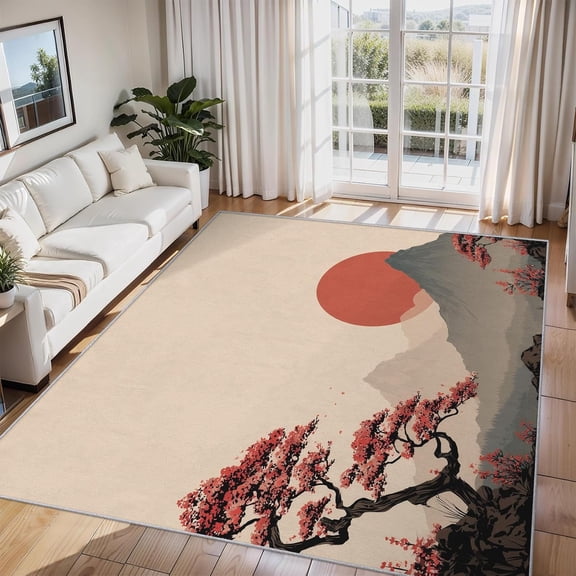 Japanese Sunset Cherry Blossom Area Rug, Asian Style Landscape Indoor Carpet, Washable Non Slip Low Pile Soft Thin Rug for Living Room Bedroom Home Decor Mat 2x3ft