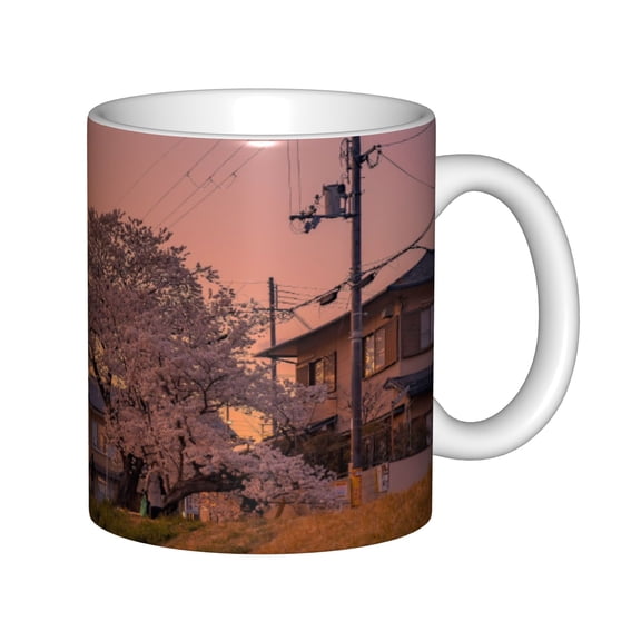 Japanese Sunset Cherry Blossom Street Scene Coffee Mug, Spring Sakura Neighborhood Anime Art Print Ceramic Tea Cup, Cute Scenery Gift