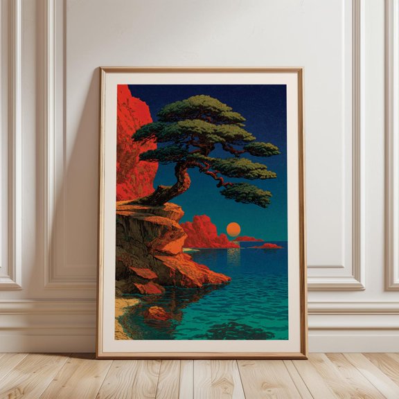 Japanese Sunset Pine Tree Ocean Landscape Wall Decor Unframed Paper Print