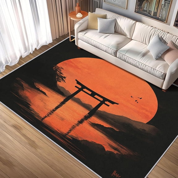 Japanese Sunset Torii Area Rugs, Asian Landscape Carpet, Washable Non Slip Low Pile Soft Rug for Bedroom Living Room Decor Mat 2x3ft