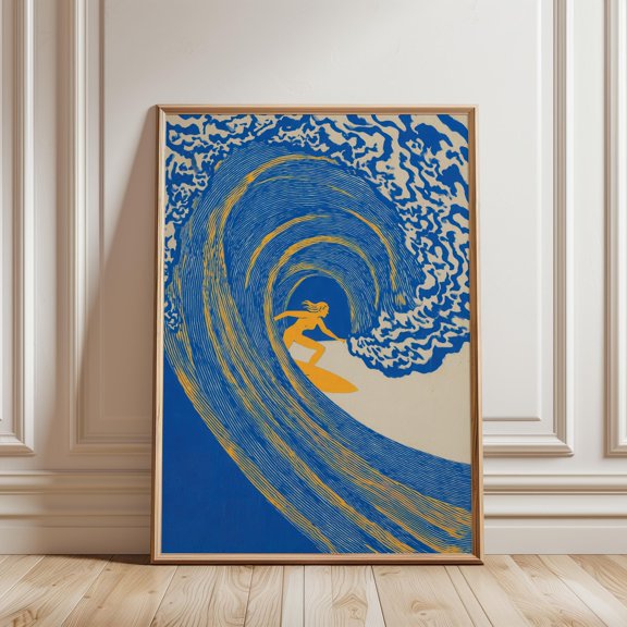 Japanese Surf Wall Art, Retro Wave Poster, Minimalist Surfer Girl Print, Blue and Yellow Wave Illustration, Coastal Beach House Decor, Poster Only