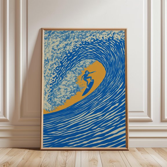 Japanese Surf Wall Art, Retro Wave Poster, Minimalist Surfer Girl Print, Blue and Yellow Wave Illustration, Coastal Beach House Decor, Poster Only