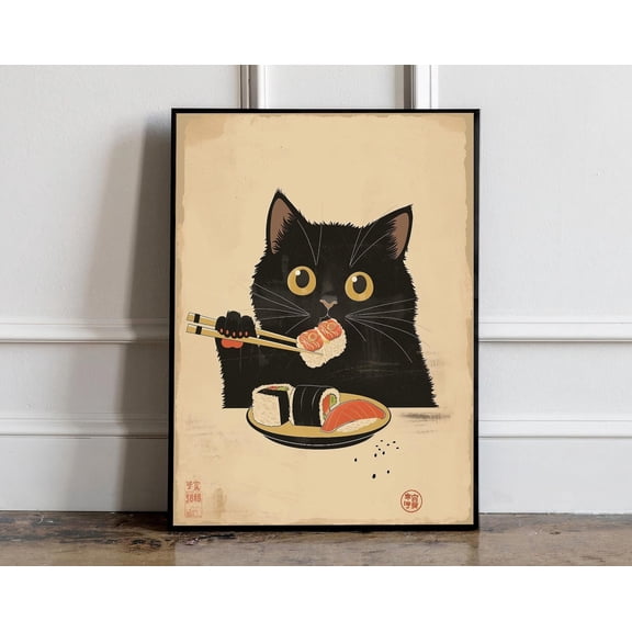 Japanese Sushi Cat Poster, Japanese cat print, Cat Lovers Gift, Japanese VIntage Wall Art, Tokyo Art Print, Kitchen Wall Art, Sushi Wall, 24x36 UNFRAMED