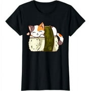 Japanese Sushi Cat Tee - Trendy Men's Black T-Shirt with Adorable Kawaii Design