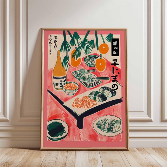 Japanese Sushi Coral Table Illustration Modern Asian Poster, Eye Catching Kitchen And Dining Theme For Dining Room And Kitchen Decor