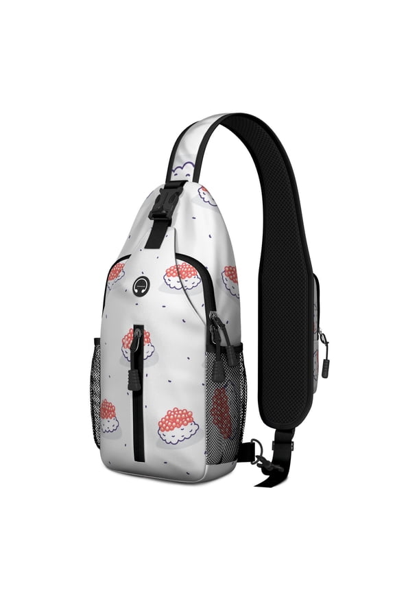 Japanese Sushi Food Print Sling Backpack, Cartoon Roll and Rice Design Crossbody Daypack for Kawaii Style Enthusiasts