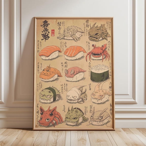 Japanese Sushi Monster Art Yokai Food Poster Edo Style Illustration Funny Kitchen Print Anime Inspired Artwork Quirky Wall Decor