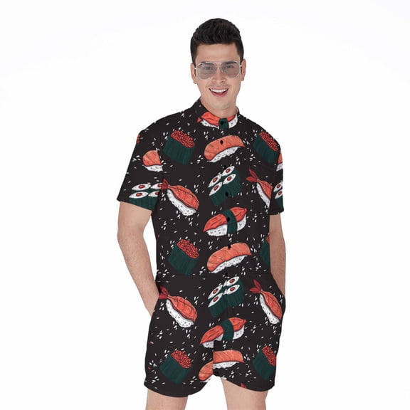 Japanese Sushi Pattern Short Sleeve Men'S Rompers, Food Lover Casual Summer Jumpsuits Outfit