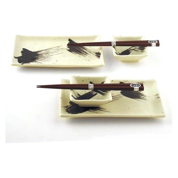Japanese Sushi Tray Set for Two with Chopsticks, Brush Black on White