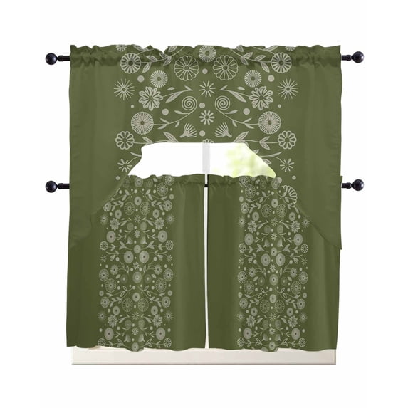 Japanese Swag Curtains for Living Room/Bedroom Windows, Green Rustic Retro Pastoral Floral Leaves Kitchen Curtains and Valances Set 36 Inch Length, Light Filtering Swags Valance Curtain Panels