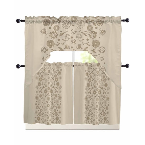 Japanese Swag Kitchen Curtains Sets for Windows 24 Inch Length, Beige Farmhouse Retro Floral Leaf Pattern Short Window Curtain Panels Swags Valances and Tiers 3 Piece Set for Cafe/Dining Room