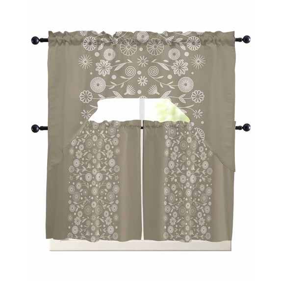 Japanese Swag Kitchen Curtains Sets for Windows 24 Inch Length, Grey Simple Traditional Flowers Leaves Pattern Short Window Curtain Panels Swags Valances and Tiers 3 Piece Set for Cafe/Dining Room