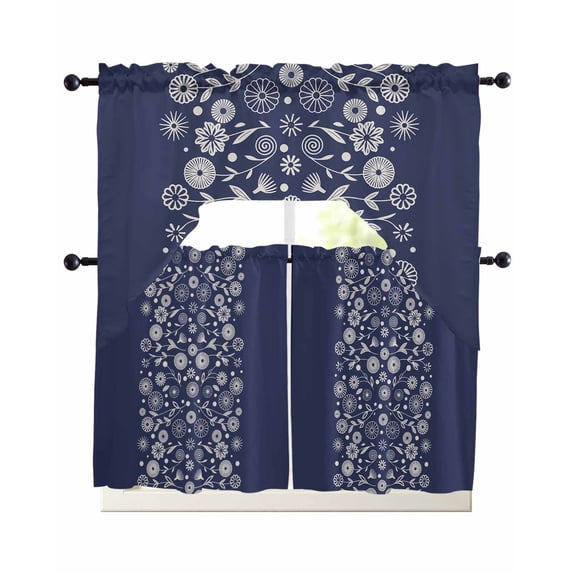 Japanese Swag Kitchen Curtains Sets for Windows 24 Inch Length, Navy Blue Country Flowers Leaves Aesthetic Short Window Curtain Panels Swags Valances and Tiers 3 Piece Set for Cafe/Dining Room