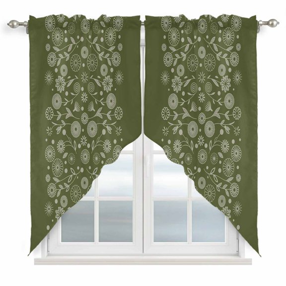 Japanese Swag Valances for Windows, Kitchen Curtains 36 Inch Length 2 Panels Set, Green Rustic Retro Pastoral Floral Leaves Short Curtains for Small Windows Rod Pocket Cafe Curtains Drapes 28"x36"