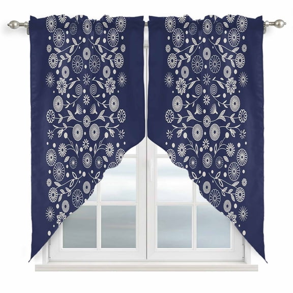 Japanese Swag Valances for Windows, Kitchen Window Curtains Over Sink, Navy Blue Country Flowers Leaves Aesthetic Window Treatment Curtains for Living Room/Bedroom Curtains 2 Panel Sets 36"x45"