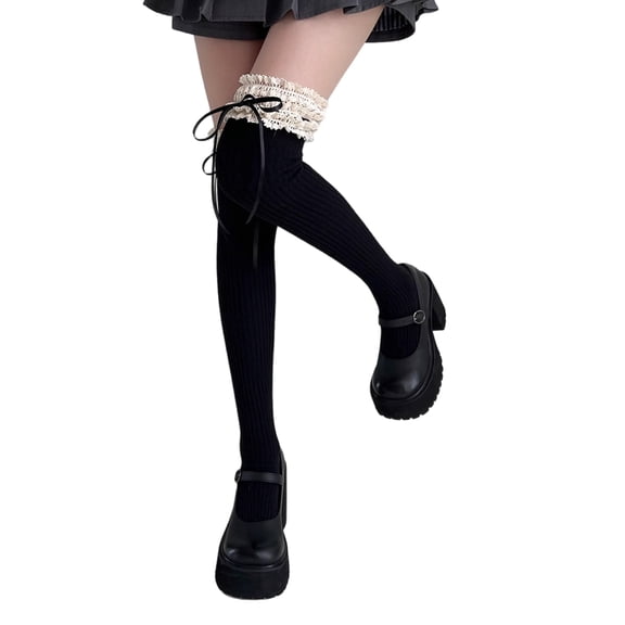 Japanese Sweet Ruffle Lace Top Thigh High Socks with Bowknot Winter Warm Cotton Over Knee Long Boot Stockings for Women