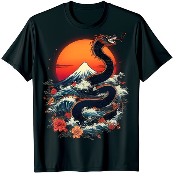 Japanese T-Shirt Black Tee with Intricate & Design