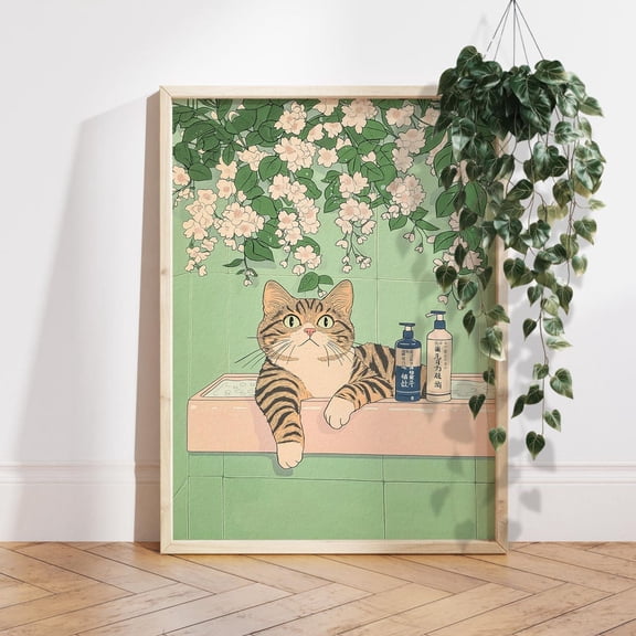 Japanese Tabby Cat in Bathtub Aesthetic Bathroom Wall Picture, Unframed Canvas 12x16in