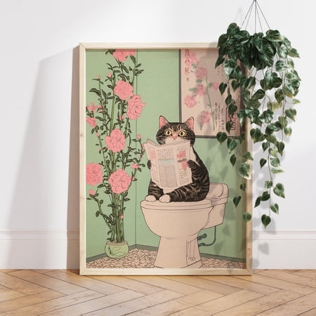 Japanese Tabby Cat on a toilet Funny bathroom print Toilet poster Japan cat Pooping wall a