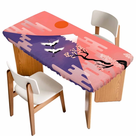 Japanese Table Cloths for 3 Foot Rectangle Tables, Nature Mountain Sun Blossoms Cherry Scenery Patio Waterproof Elastic Fitted Tablecloths, Washable Rectangular Table Cover for Camping