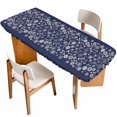 thumbnail image 1 of Japanese Table Cloths for 8 Foot Rectangle Tables, Navy Blue Country Flowers Leaves Aesthetic Patio Waterproof Elastic Fitted Tablecloths, Washable Rectangular Table Cover for Camping, 1 of 8