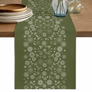 Japanese Table Runner, Green Rustic Retro Pastoral Floral Leaves Washable Cotton Linen Table Runners 36 Inches Long, Dresser Scarf Runner for Nightstand/End Tables/Round Tables 13''x36''