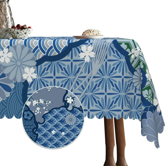 Japanese Tablecloth for Rectangle Tables,Blue Linen Table Cloth,Table Cover for Dining Kitchen Decor Party Banquet,60x84