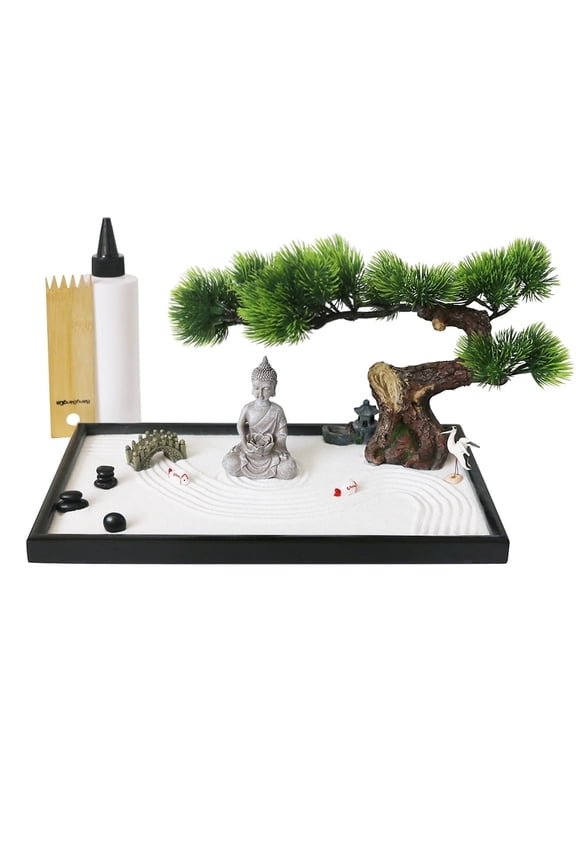 Japanese Tabletop Meditation Buddha Zen Garden Kit Tabletop Rock Sand Garden Office Home Desktop Relaxation Sandbox Decor