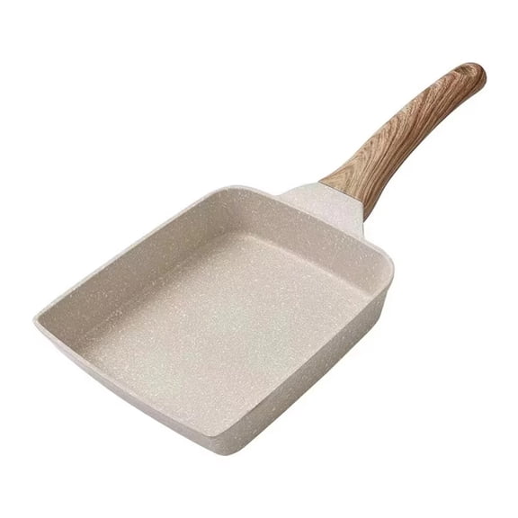 Japanese Tamagoyaki Nonstick Frying Pan, 7.08 x 5.9in Rectangular Omelette Pan 0.83L Capacity, Flat Bottom Egg Roll Pan for Breakfast Steak Cooking Induction Gas Compatible (Beige)